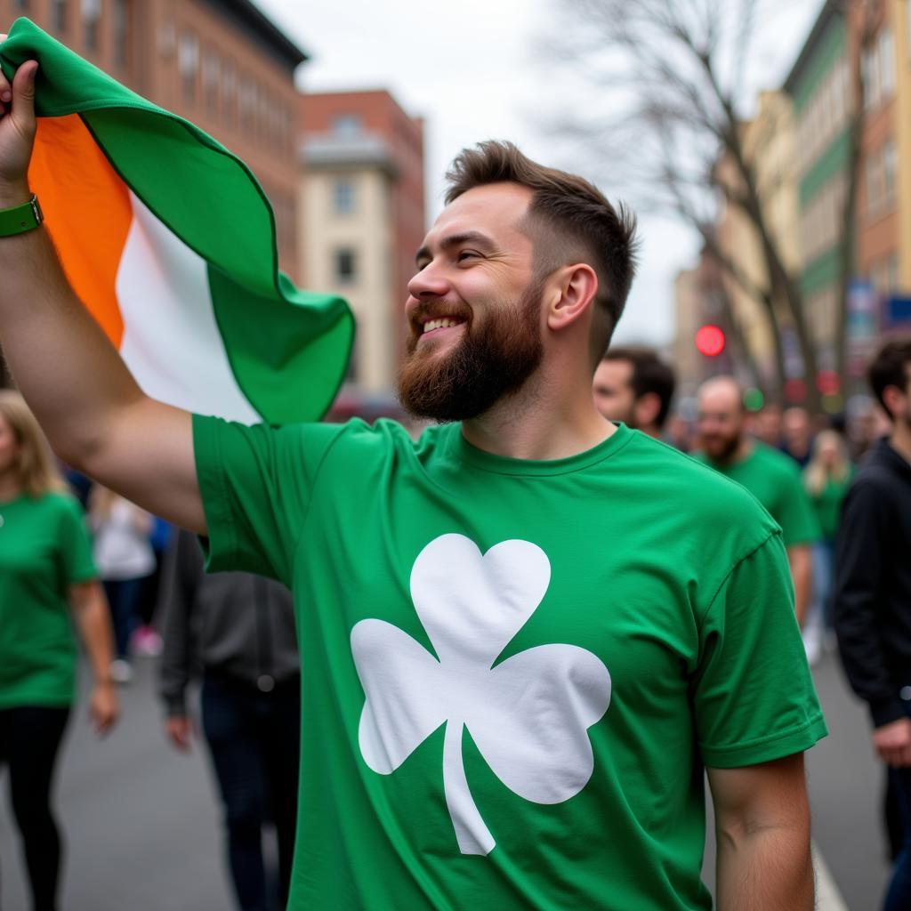 Man wearing a green shamrock t-shirt at a St. Patrick's Day parade.