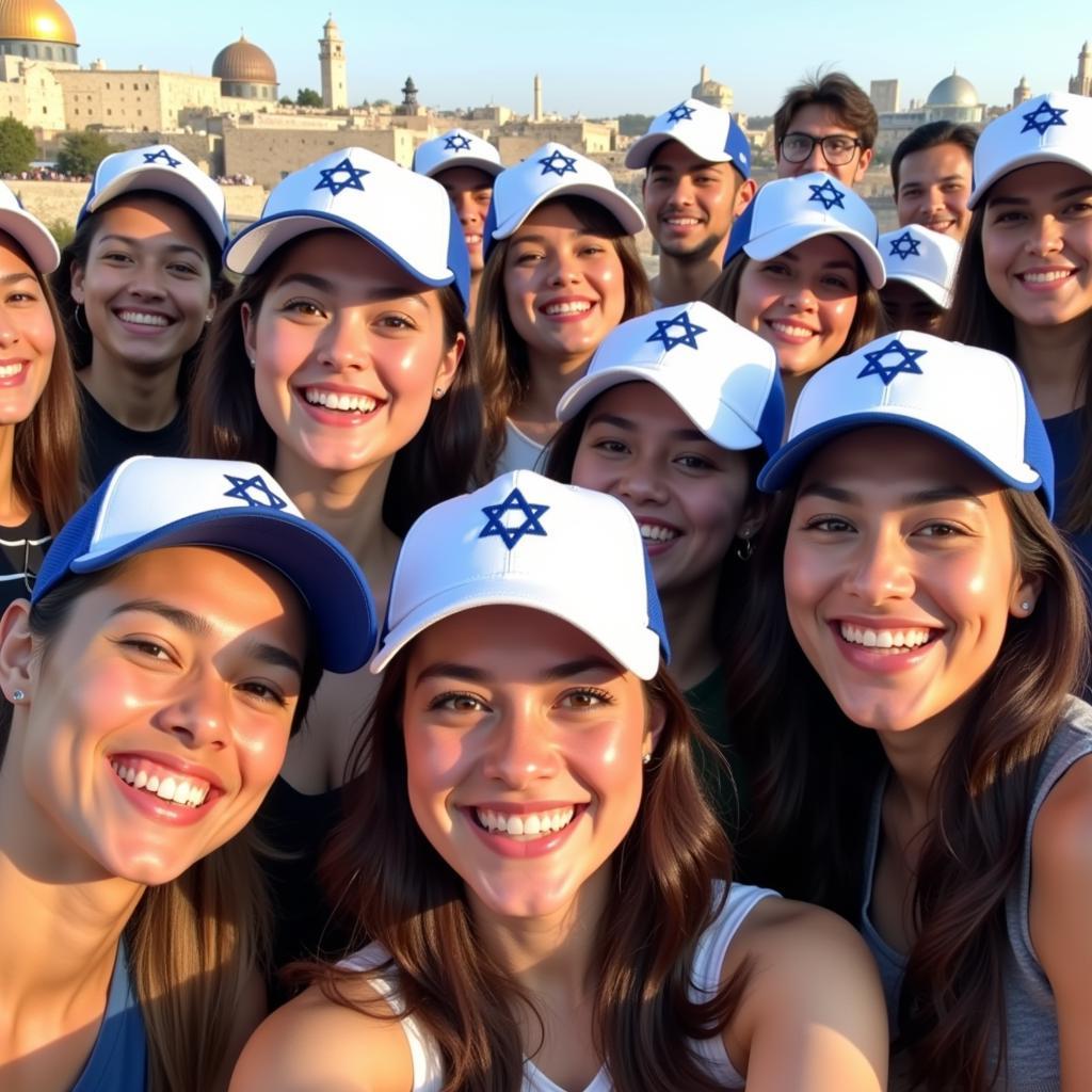 Group of people wearing Israel baseball caps