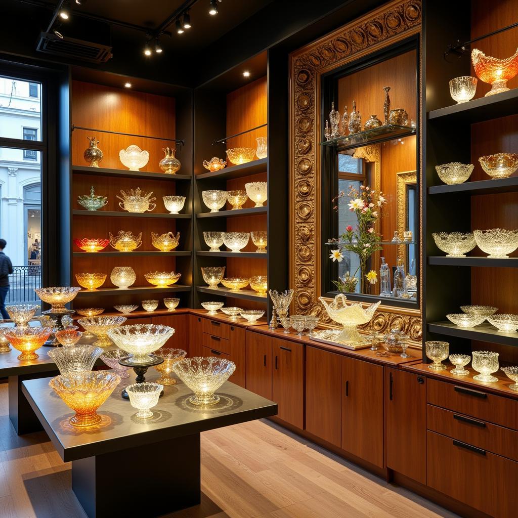 Showcase of Italian Glass Bowls in a Boutique