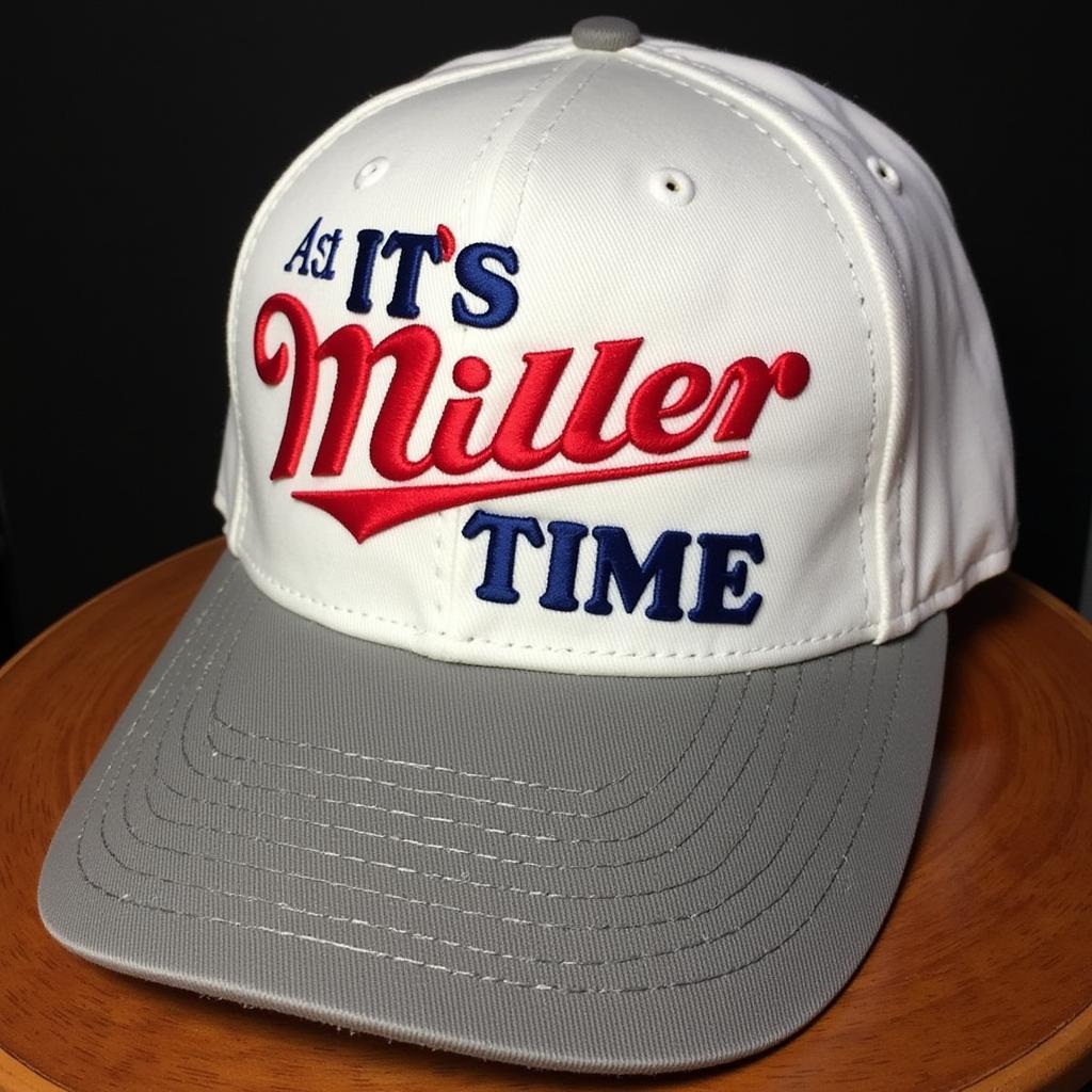 A close-up of an "It's Miller Time" hat, showcasing its design and branding.