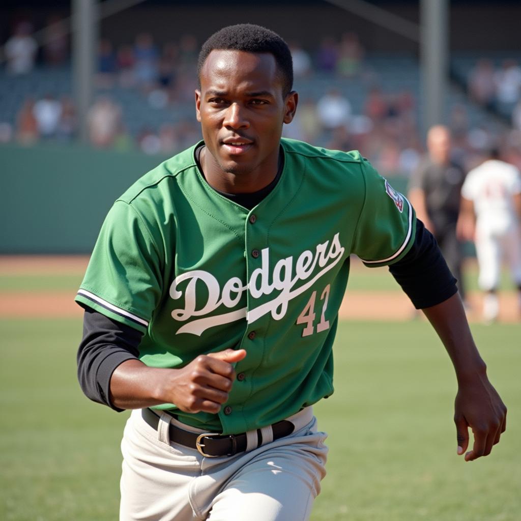 Jackie Robinson in a Green Dodgers Jersey