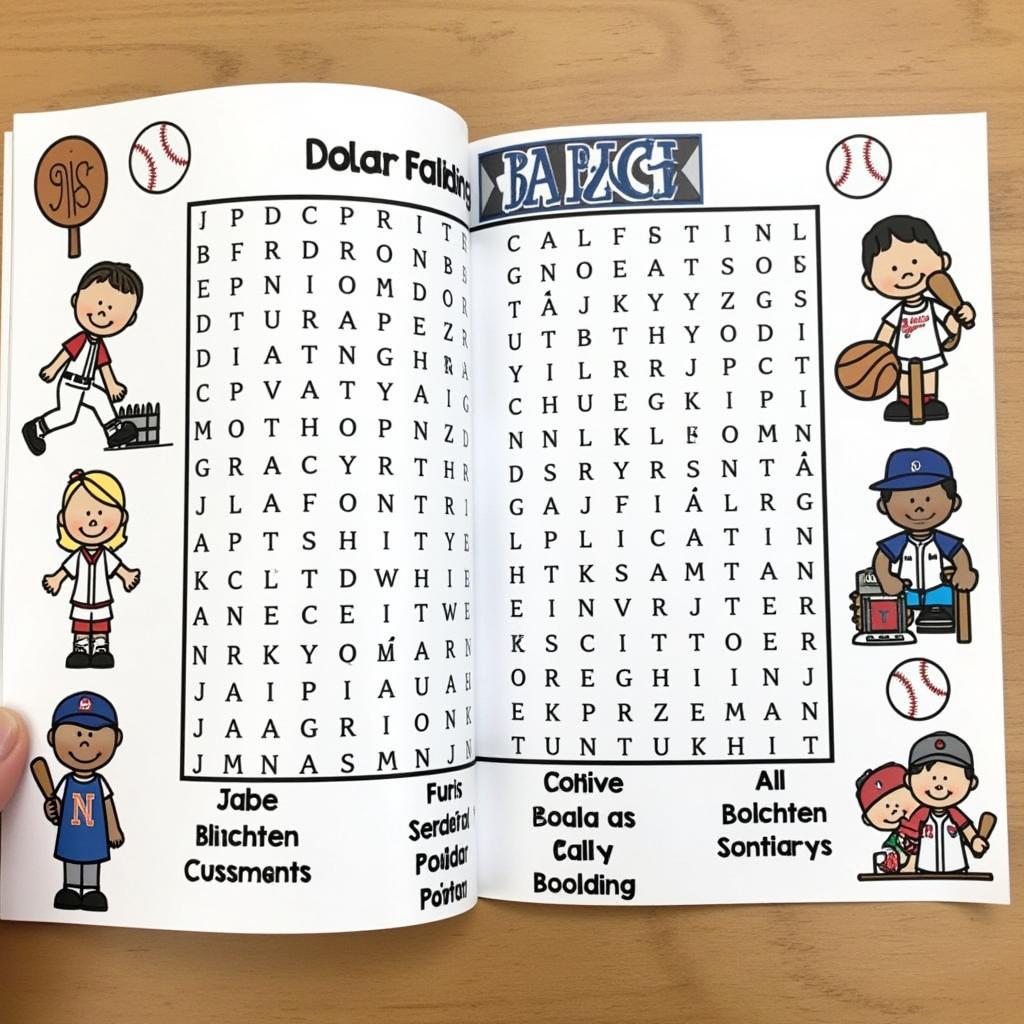 An opened activity book featuring a Jackie Robinson word search.