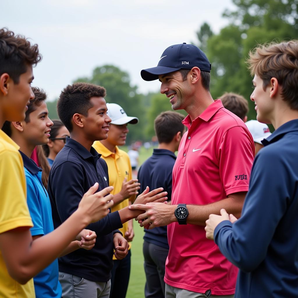 Jake Miller smiles and poses with young fans at a celebrity golf tournament, highlighting his involvement in the golfing community.