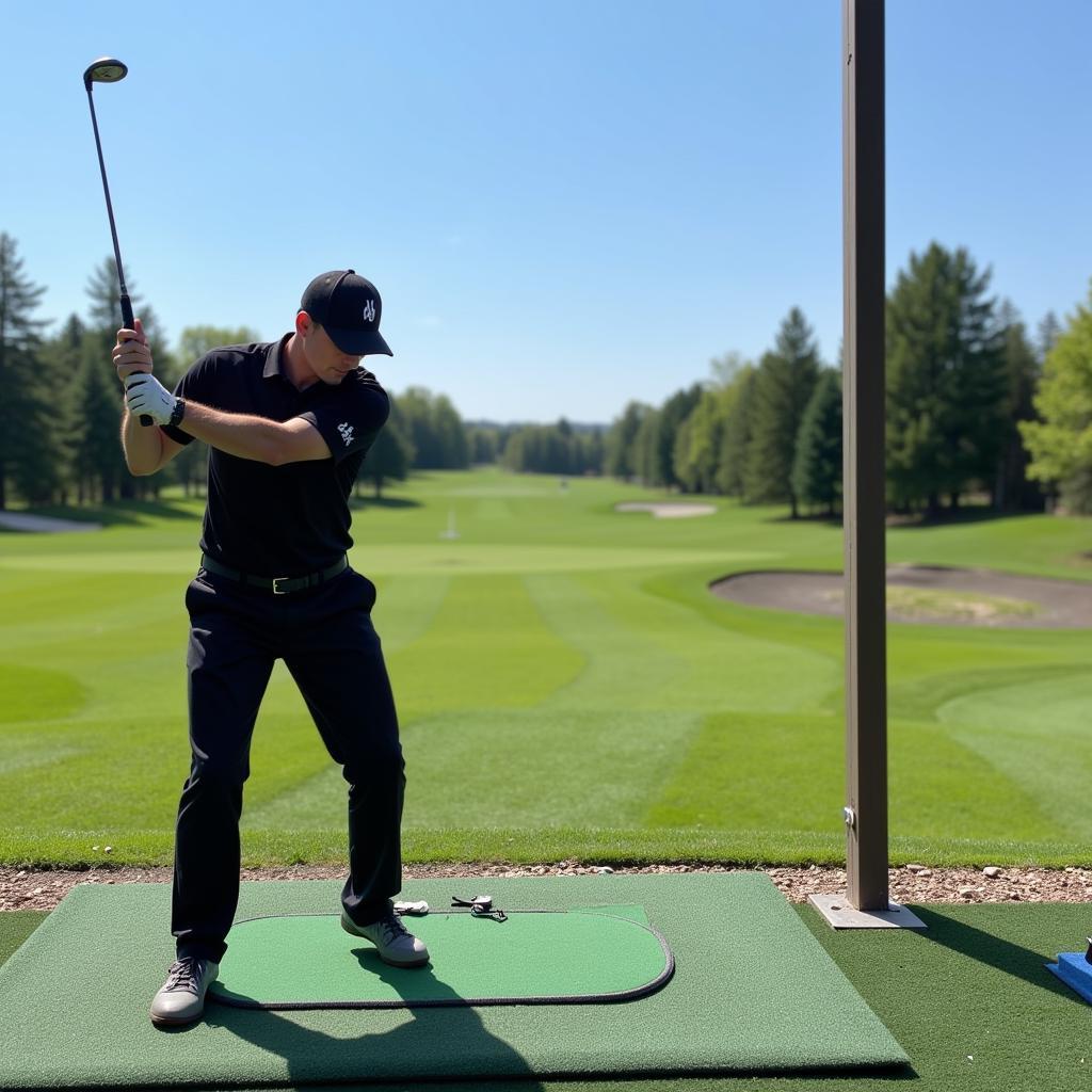 Jake Miller at the driving range, practicing his golf swing with focus and determination.