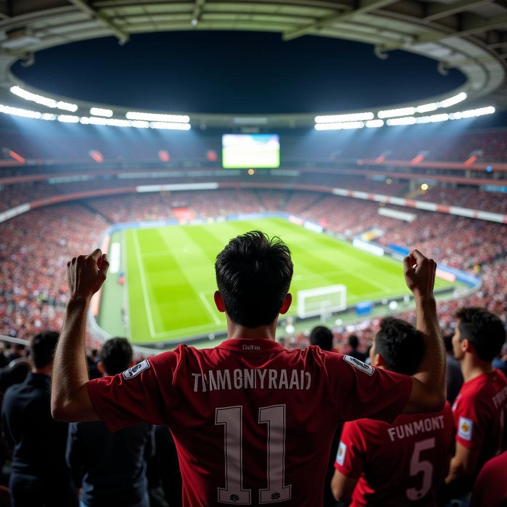 Japanese football fan proudly sporting a special edition jersey at a match.