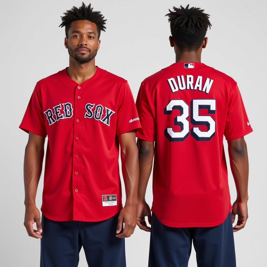 Jarren Duran modeling the Boston Red Sox City Connect jersey, showcasing both the front and back design.