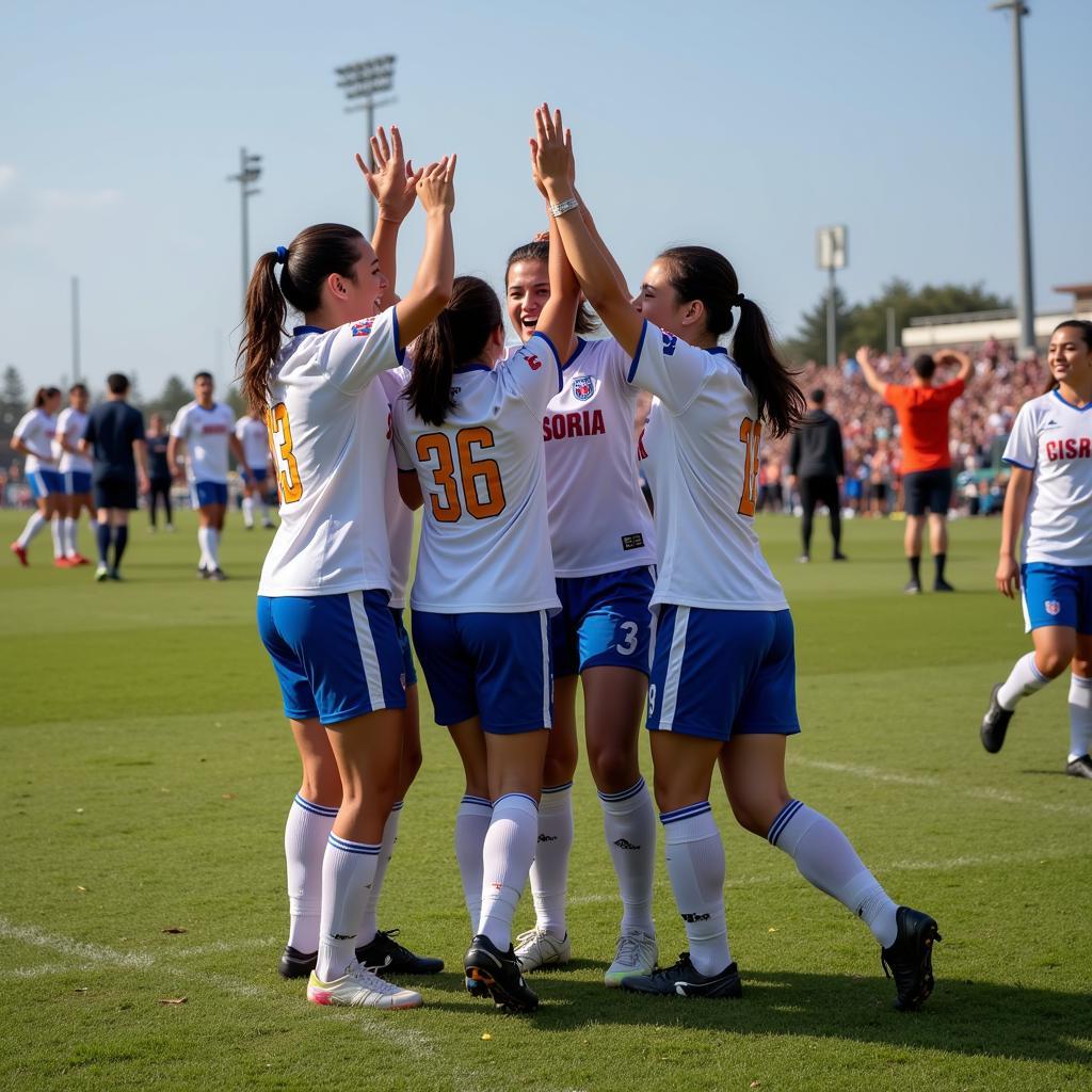 Teammates celebrate a goal at the Jersey Shore Champions Cup