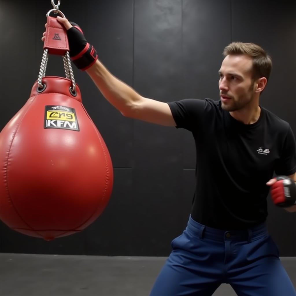 A close-up of a Jim Bradley speed bag in motion as a boxer delivers a series of rapid punches.