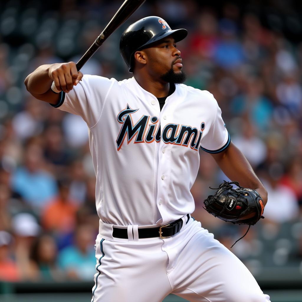 JJ Bleday swinging for the fences in his Miami Marlins uniform.