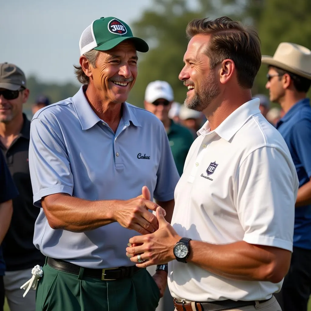 Joe Namath shaking hands with a charity beneficiary