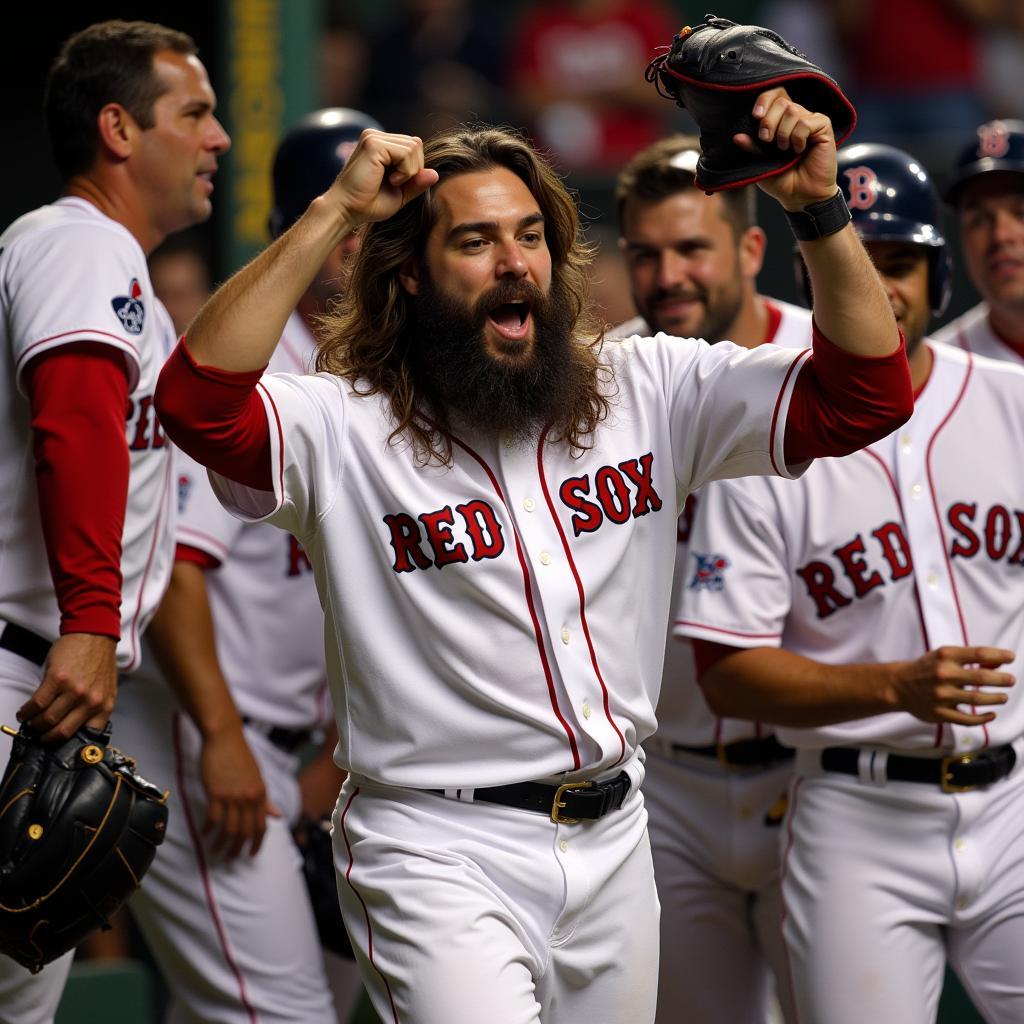 Johnny Damon celebrating World Series win with Red Sox teammates