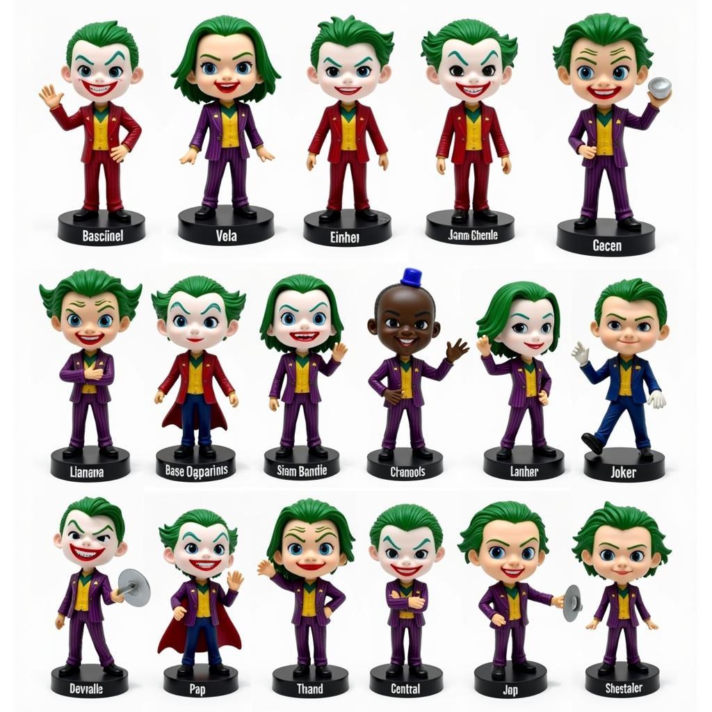 A collection of Joker bobbleheads with various designs