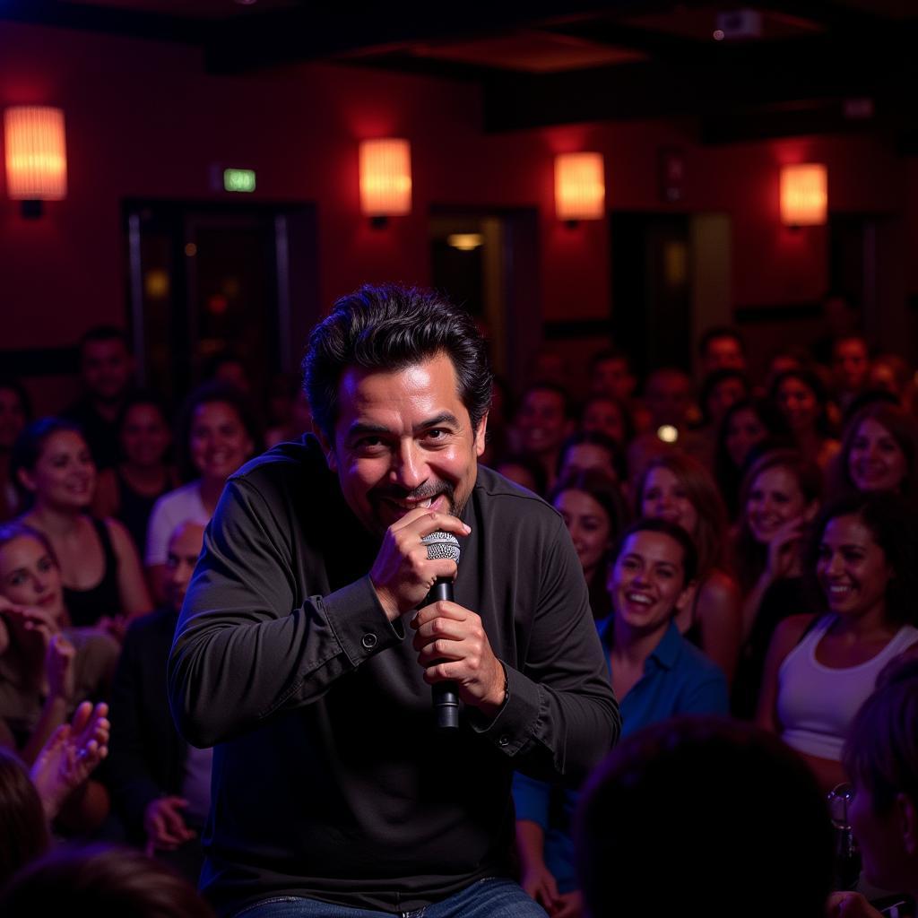 José Rafael Guzmán performing stand-up in a Miami comedy club