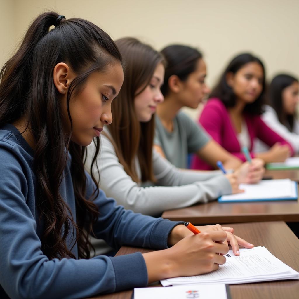 Students filling out application forms for the Joshua 19 Scholarship