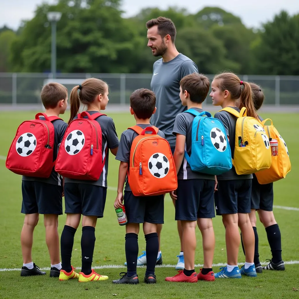 Kids with juice box backpacks on soccer field