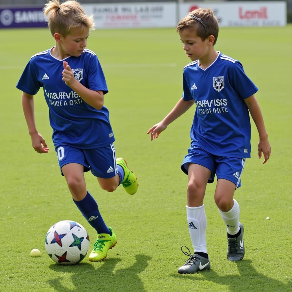 Two young players practice passing during Junior Bay Week training