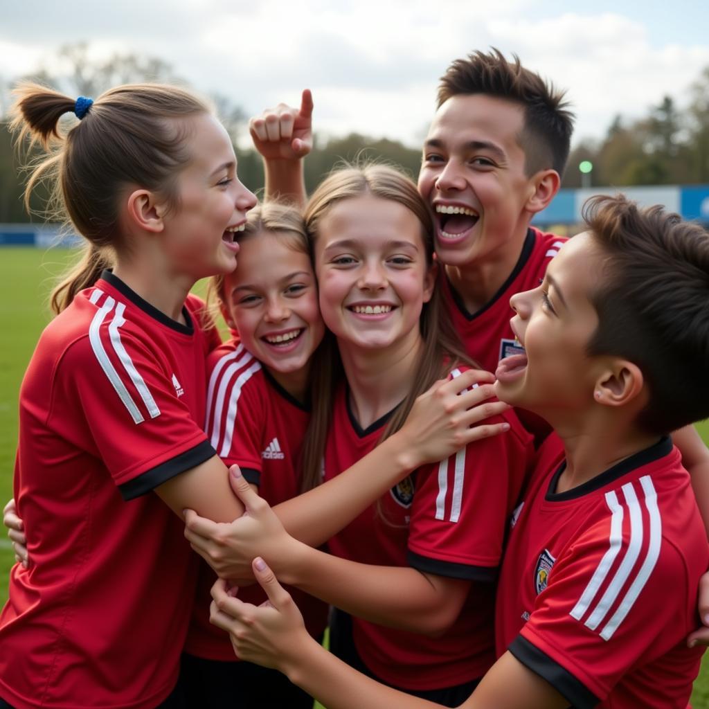 Junior footballers celebrating a victory