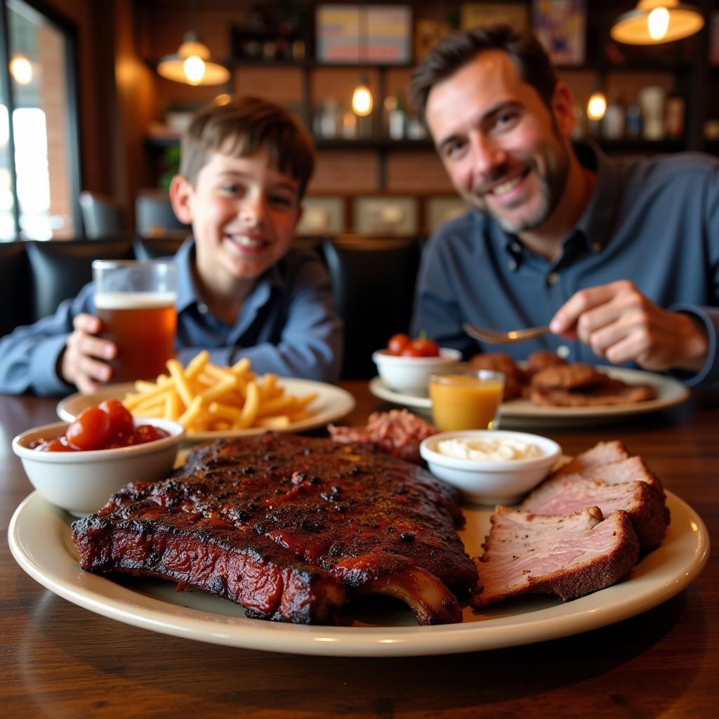 Father and son enjoying Kansas City BBQ