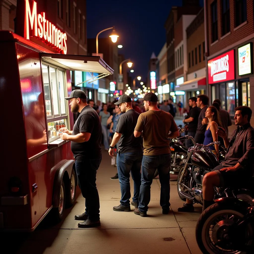 A bustling scene at a Kansas City bike night venue, showcasing local businesses and vendors