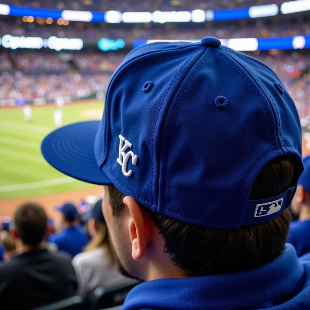 A fan passionately cheering at Kauffman Stadium, sporting a Kansas City Royals fitted hat.