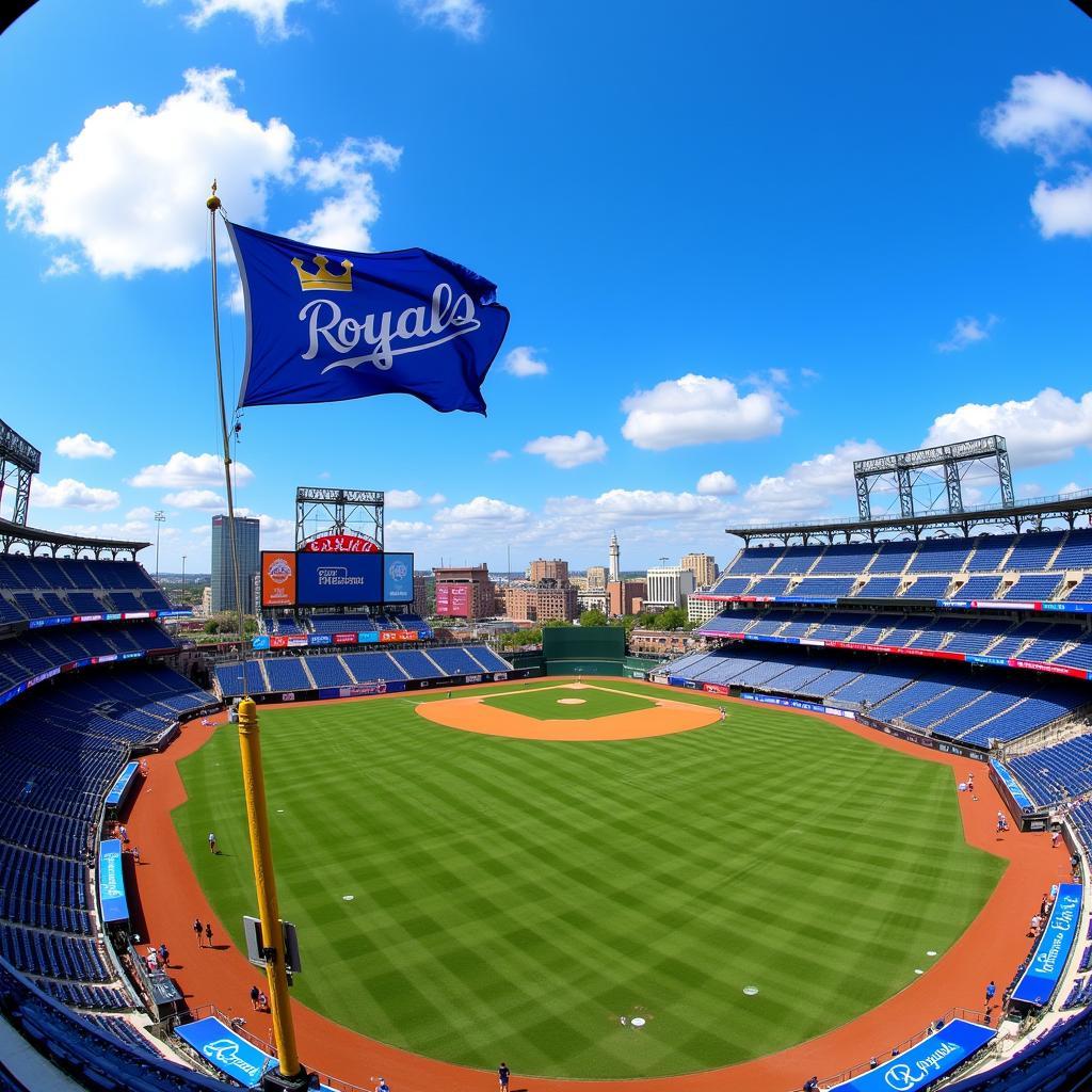 Kansas City Royals flag flying high above the stadium