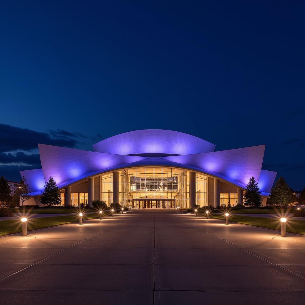 Exterior view of the Kauffman Center at night