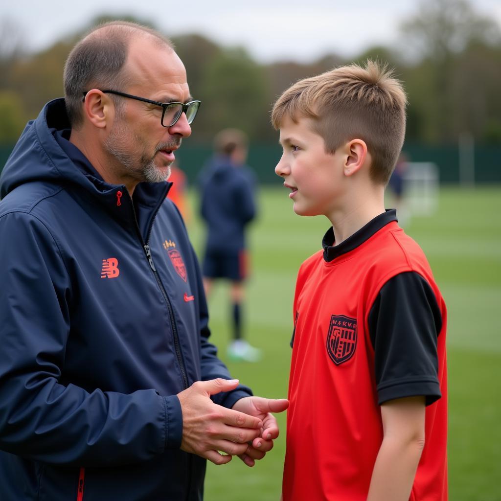 Keith Tiedemann providing guidance to a young footballer on the field