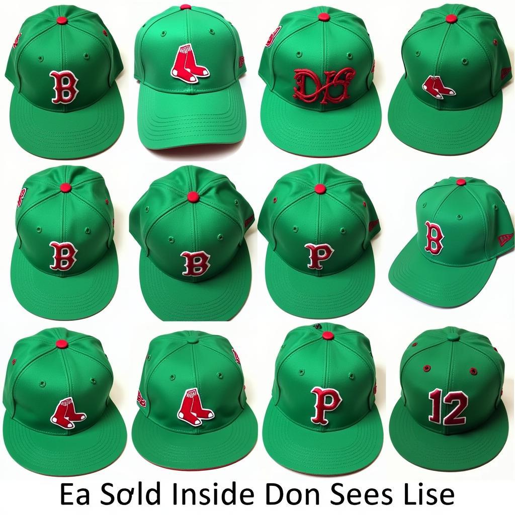 A collection of Kelly green Red Sox hats.