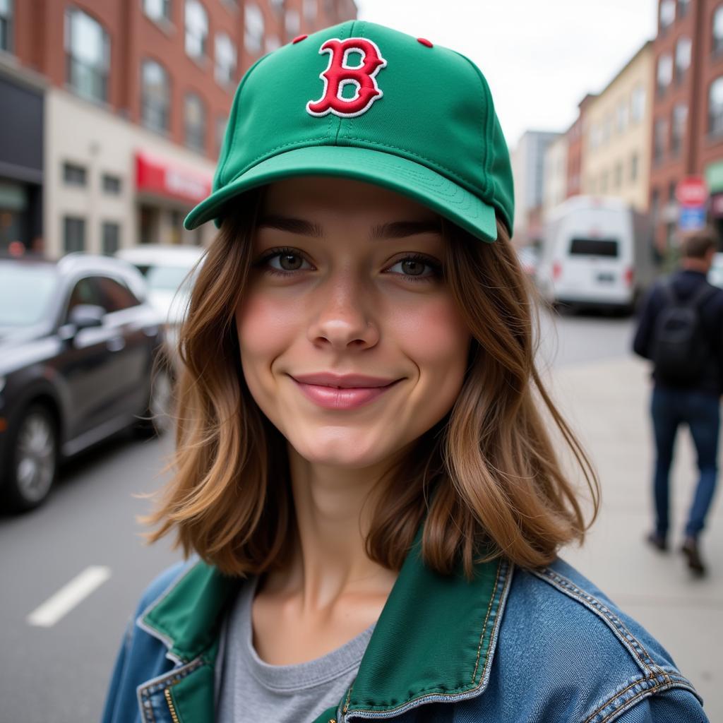 A modern-day fan sporting a Kelly green Red Sox hat.