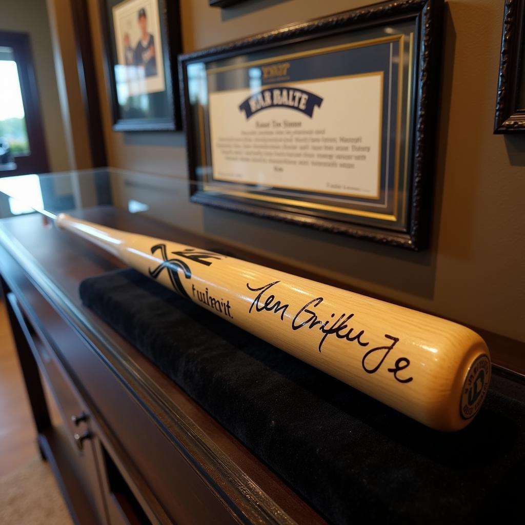 Ken Griffey Jr autographed baseball bat displayed in a glass case with a certificate of authenticity