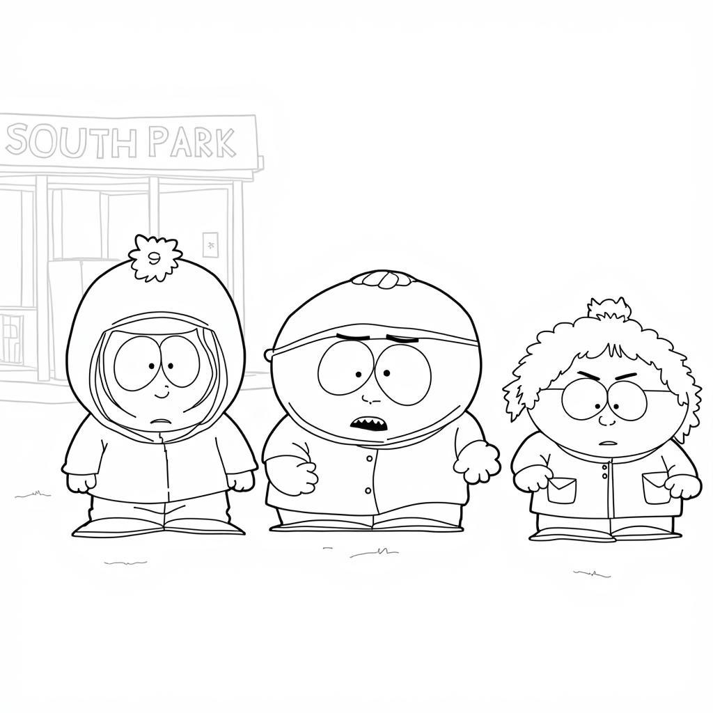 Kenny South Park Coloring Page with Stan, Kyle, and Cartman