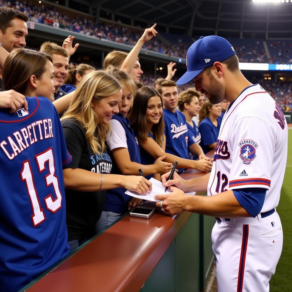 Kerry Carpenter signing autographs for fans wearing his shirts.