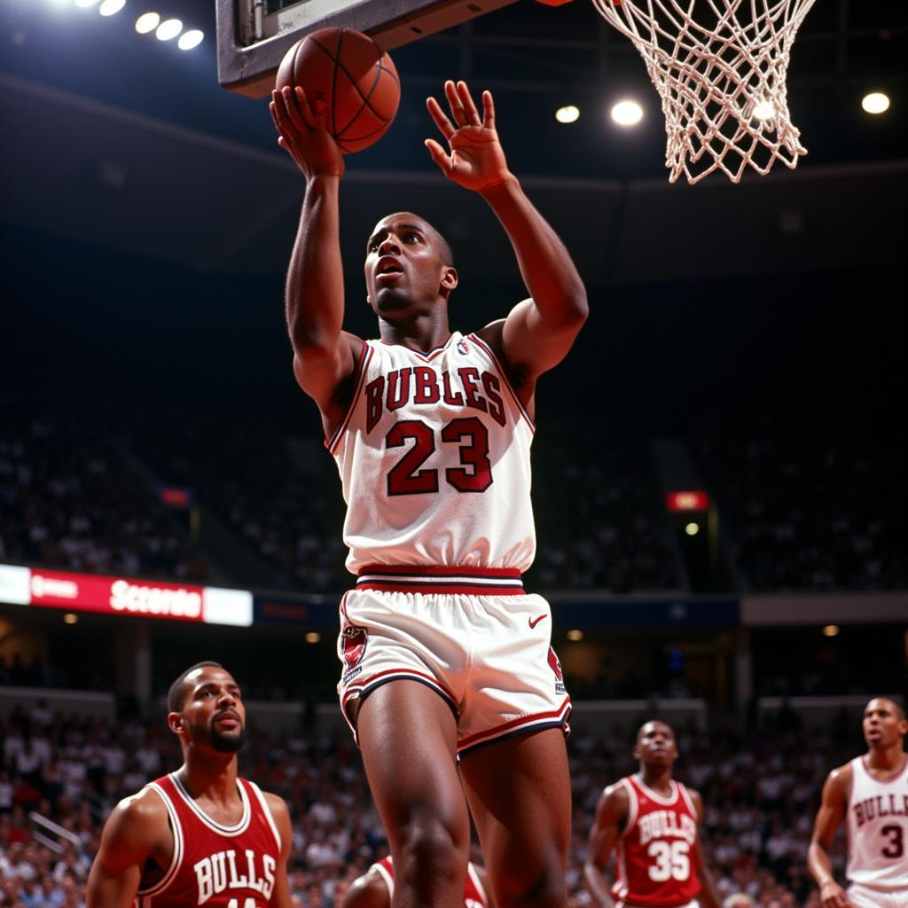 Kevin Mitchell soaring for a dunk in his signature jersey