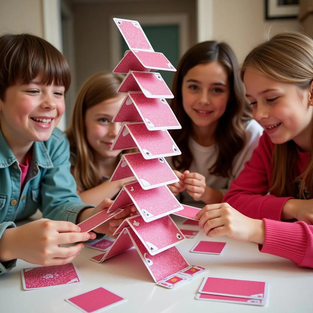 Children constructing a card tower with Barbie playing cards.