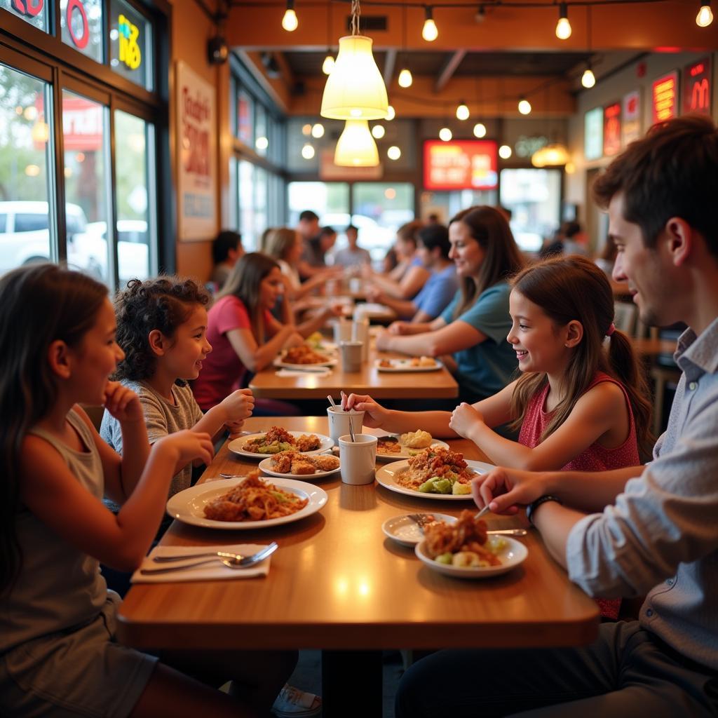 Family dining at a restaurant in Los Angeles with a "kids eat free" promotion