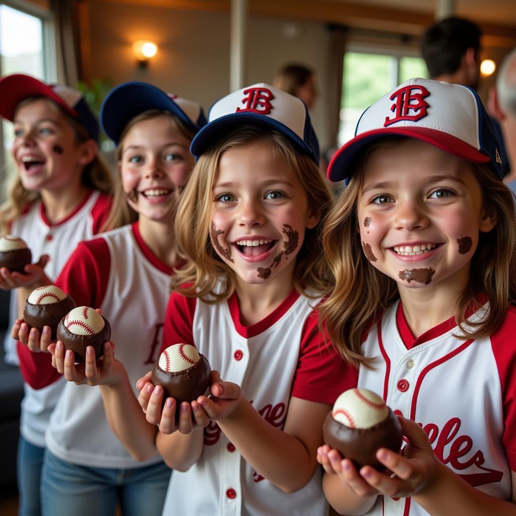 Kids enjoying baseball chocolate balls at a party