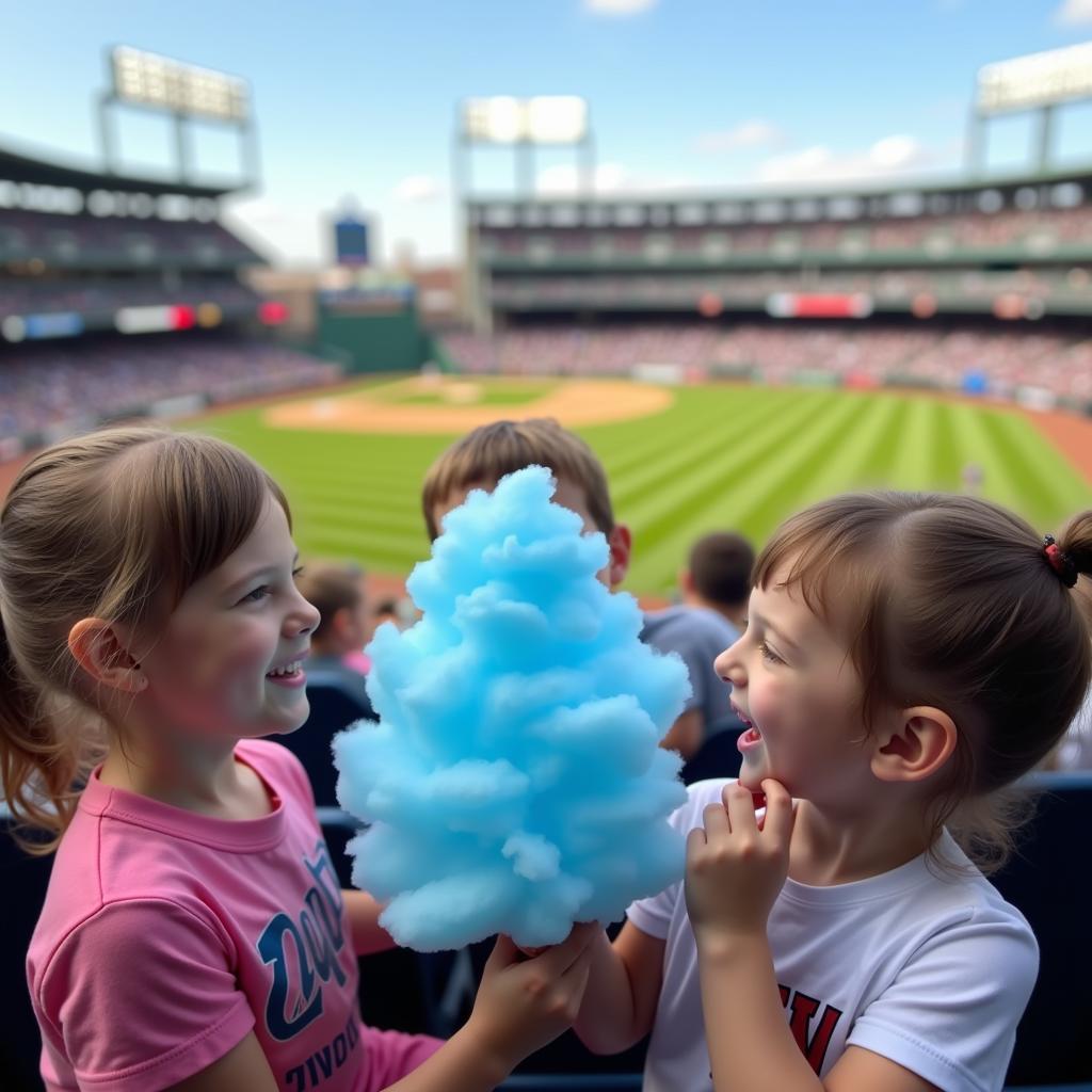 Kids enjoying cotton candy at a baseball game