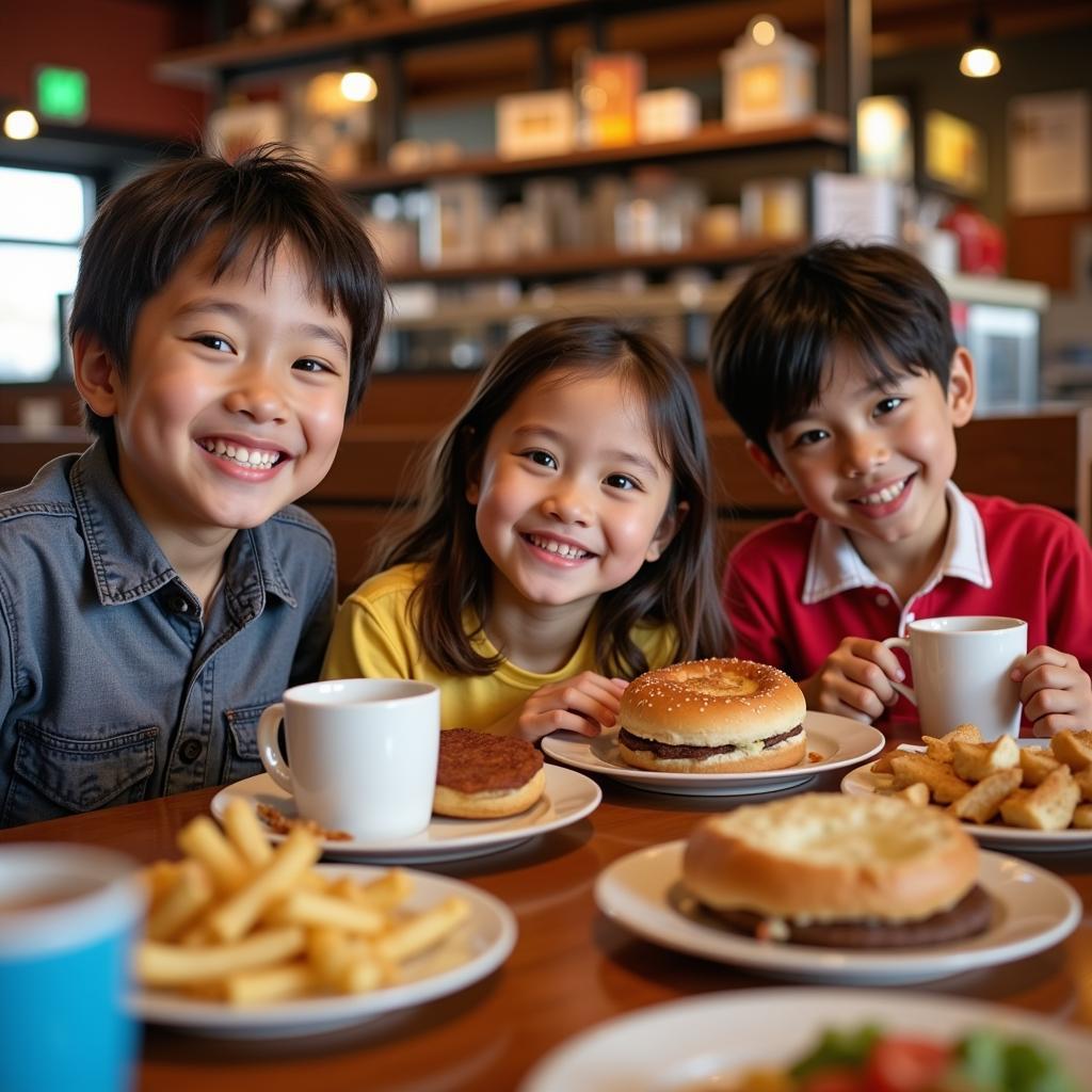 Children enjoying their free meals at a restaurant in Los Angeles