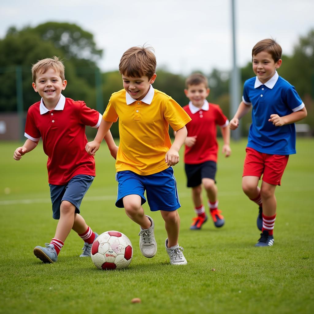 Children playing football wearing different colored Massey shirts