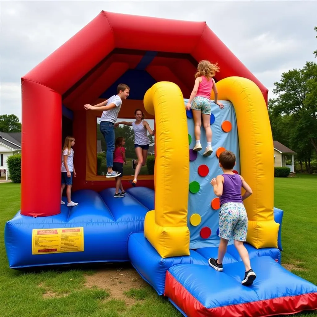 Kids Playing in a Bounce House with Climbing Wall