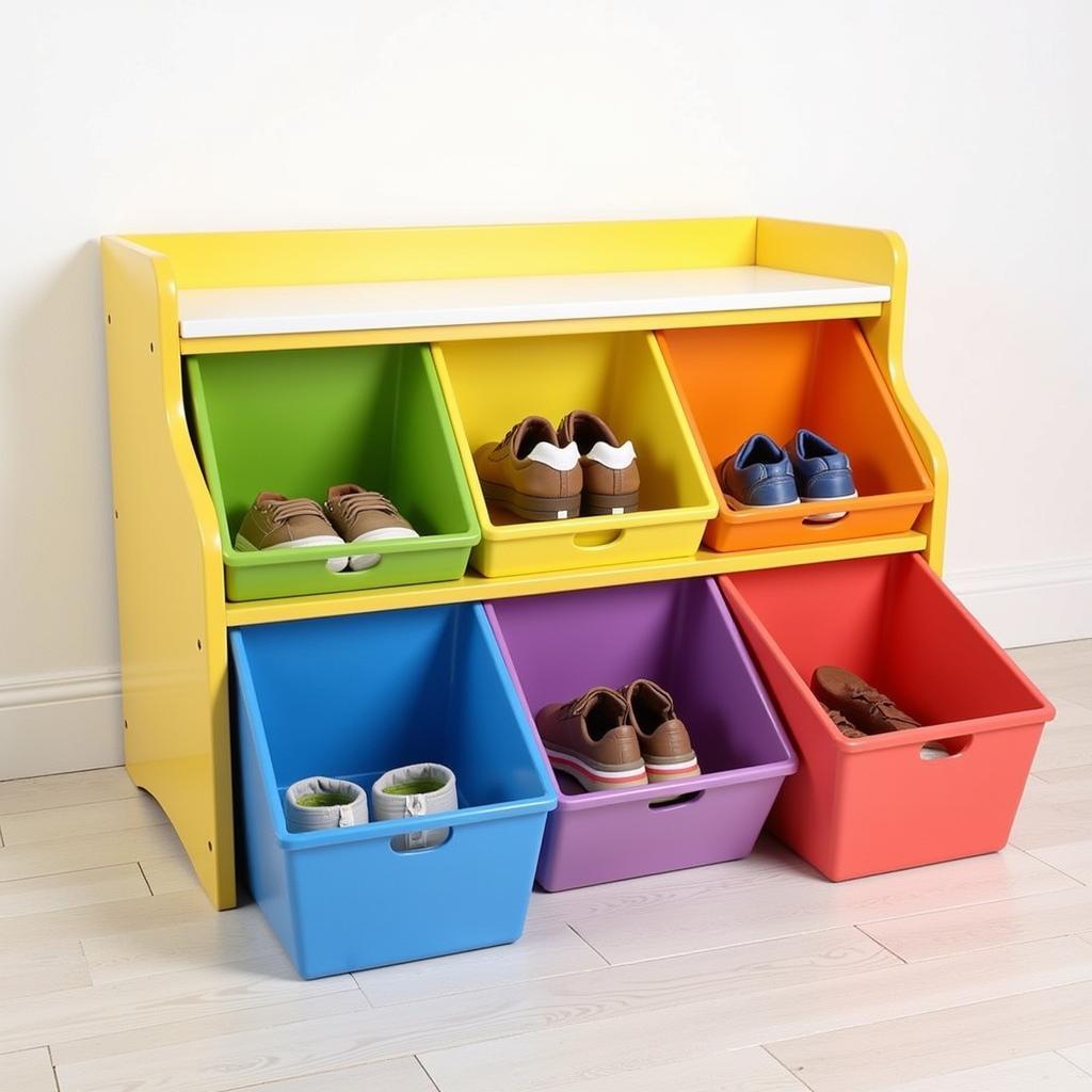 Colorful children's shoe bench with storage bins