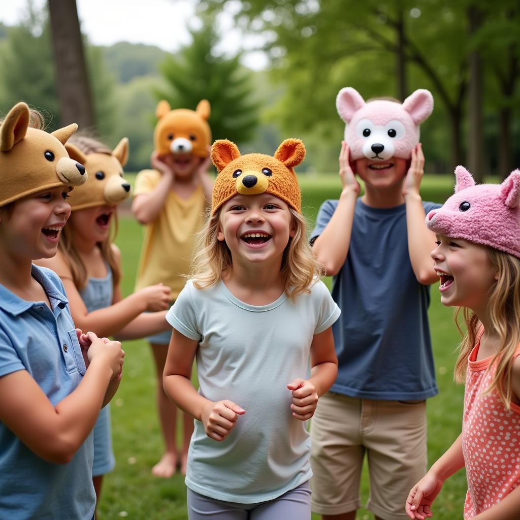 Children enjoying a party with animal masks.