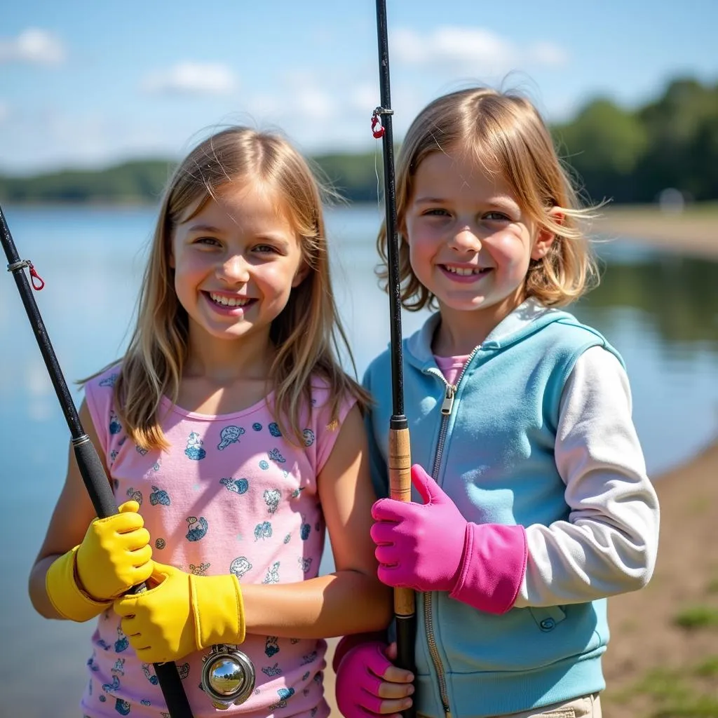 Kids wearing fishing gloves while fishing