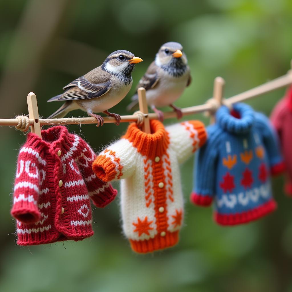 Tiny bird sweaters on a clothesline