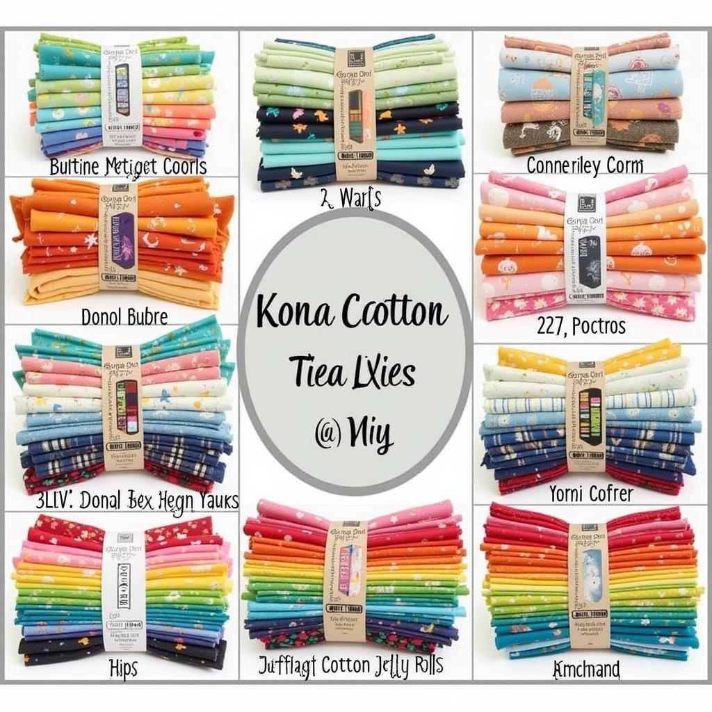 Assortment of Kona cotton jelly rolls in various colors and patterns.