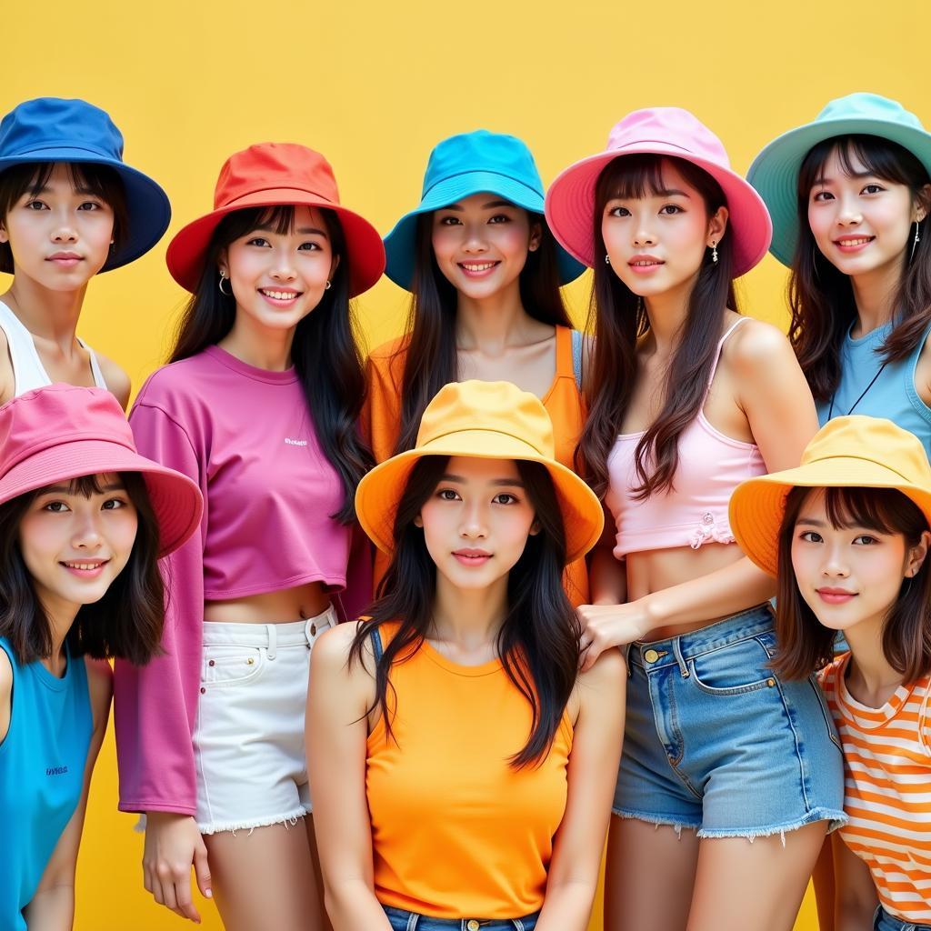 K-pop idols sporting colorful bucket hats