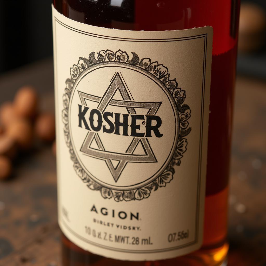 Close-up of a kosher symbol on a liquor bottle