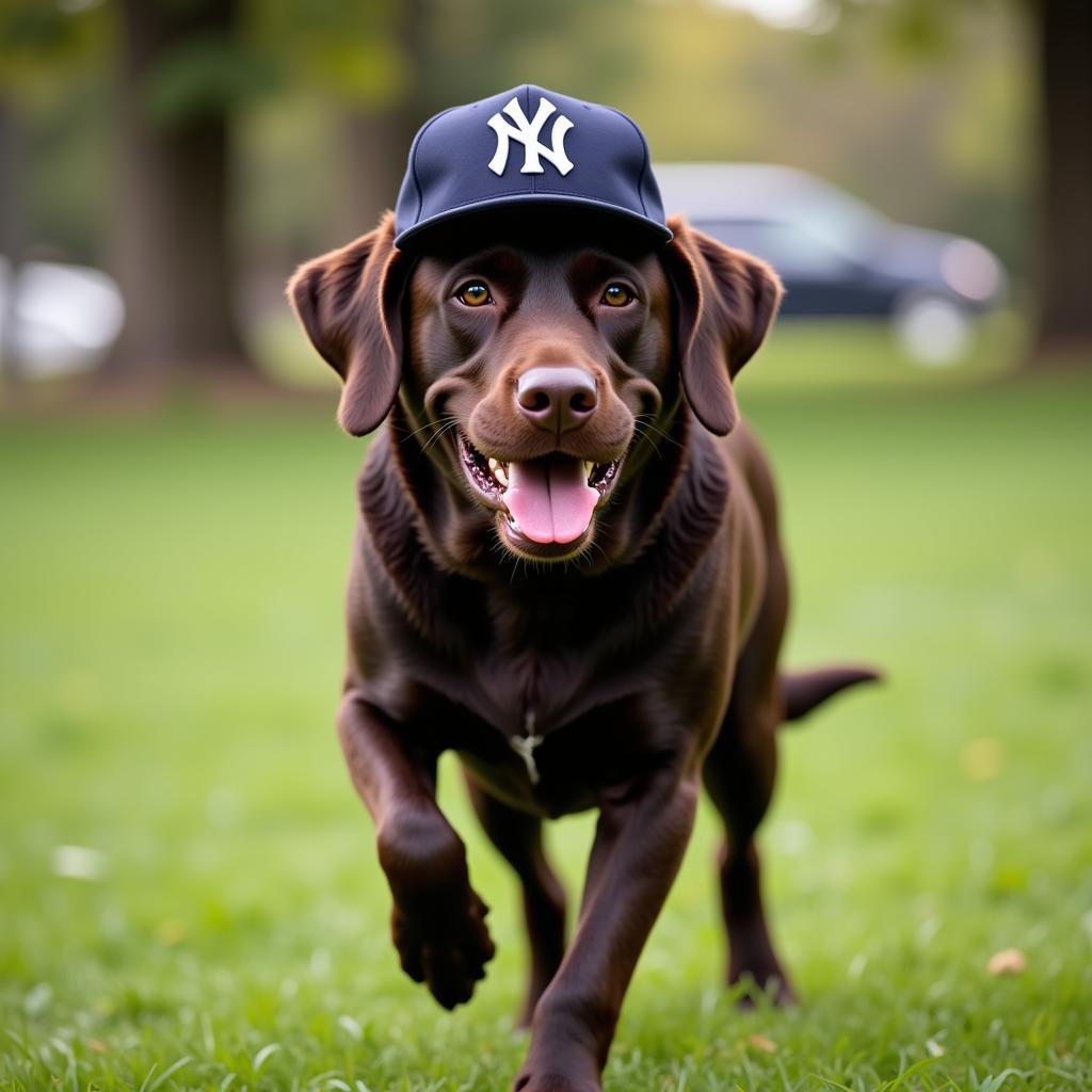 Labrador Wearing Yankees Hat in Park