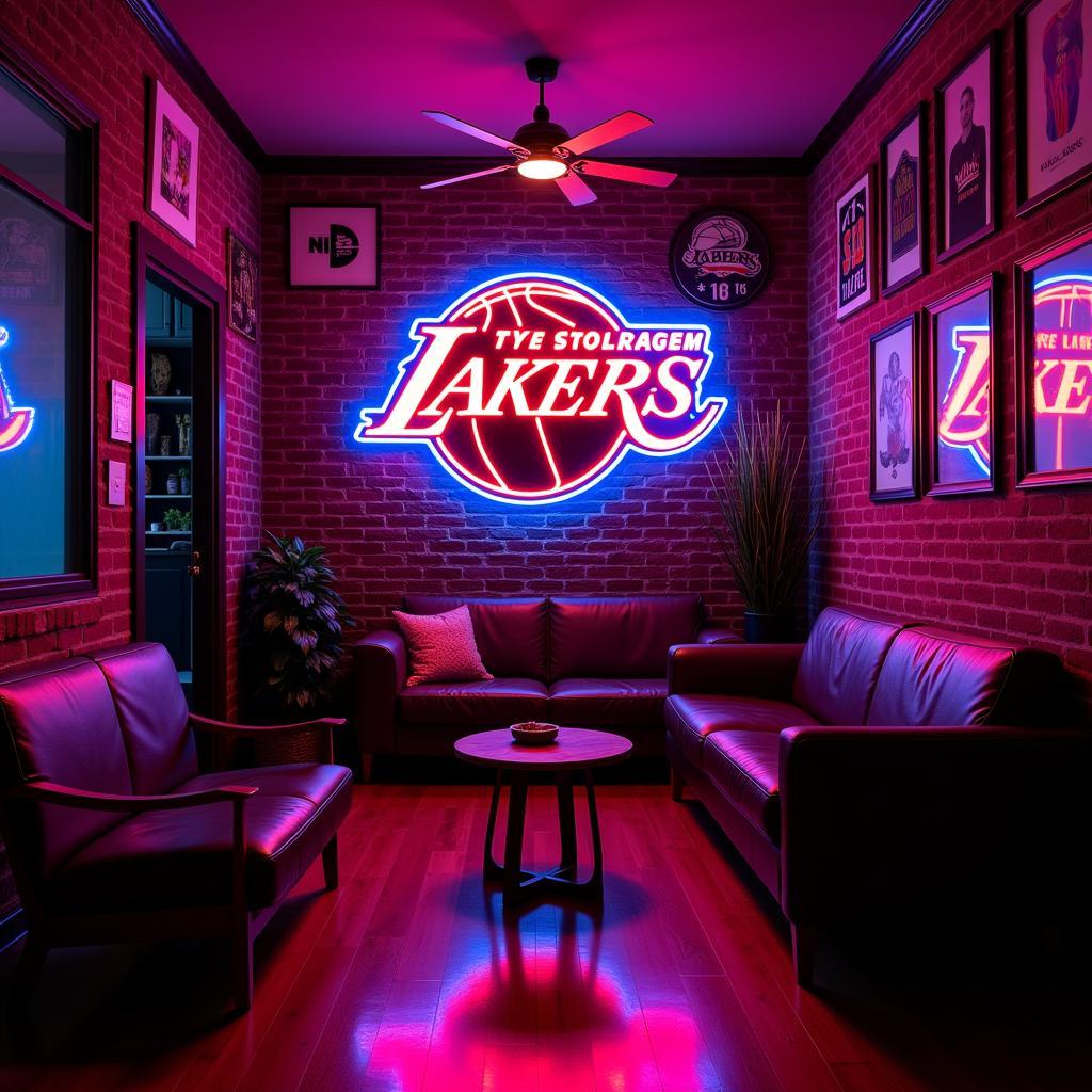 Lakers neon sign illuminating a fan cave