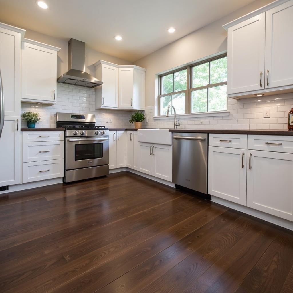 Contemporary kitchen with dark laminate VIP flooring